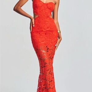 Strapless Red Lace Evening Gown